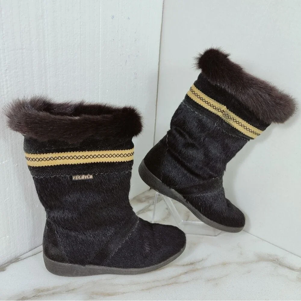 VTG Tecnica Black Goat Fur Aztec Style Trim Apres Ski Winter Snow Boots, 6
